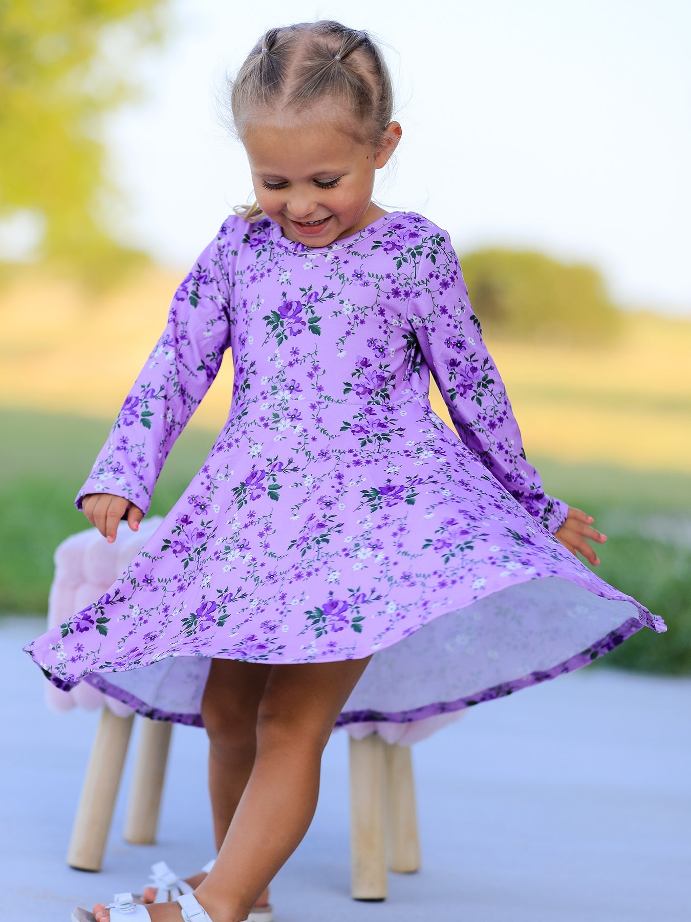 long sleeve twirl dress Fall Lavender Floral Print Girls 5% Spandex Care instructions Layered Bra-Detail Fishtail Midaxi atf-kg-02.13.26 Type:THIRD GRADE