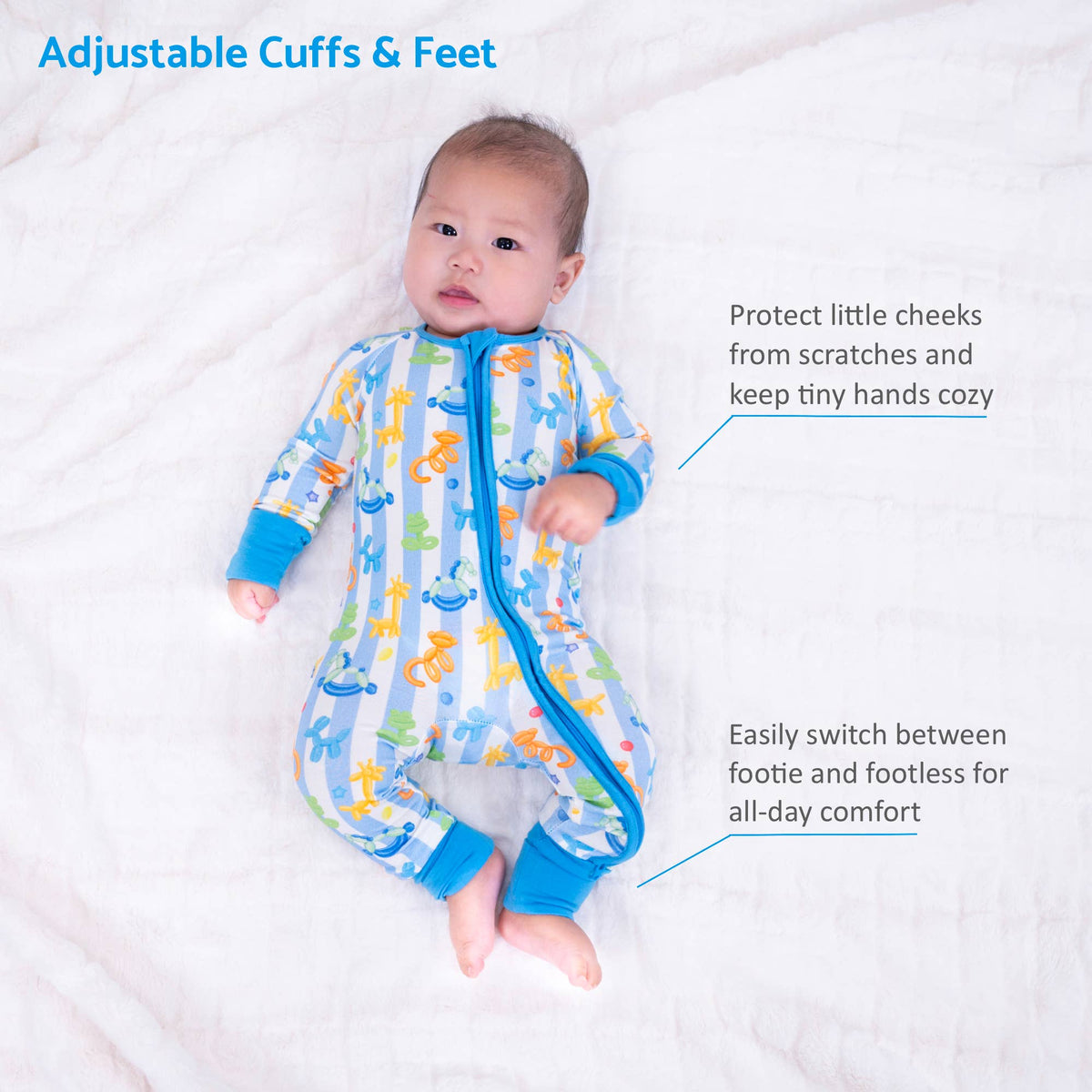 Bamboo Baby Convertible Zipper Pajama Blue Balloon Animal