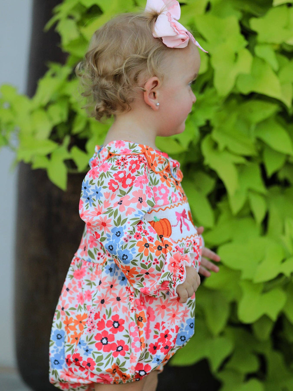 Fall Halloween & Thanksgiving Pumpkin Bow Smock Embroidered Floral Baby Girl Romper