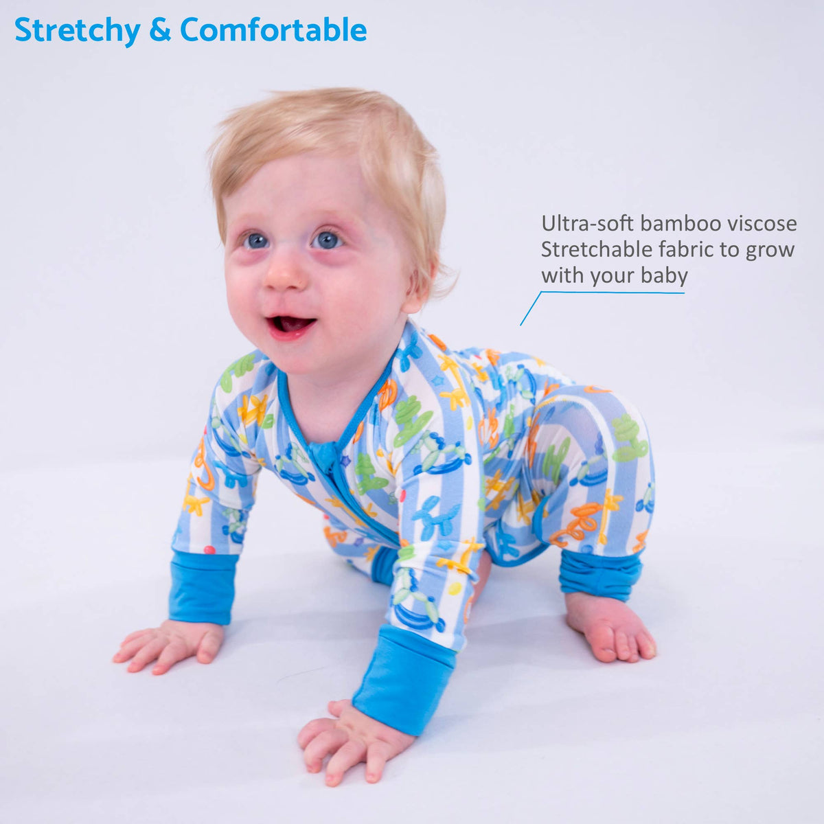 Bamboo Baby Convertible Zipper Pajama Blue Balloon Animal