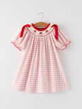 Pink Gingham Christmas Girls Dress: Santa Embroidery with Red Satin Ribbon