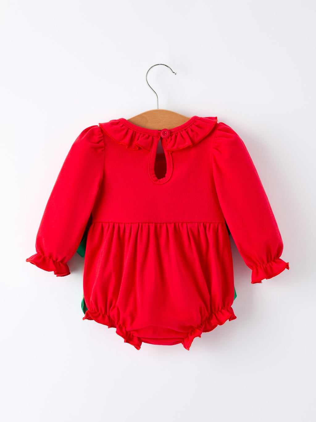 Christmas Smocked Girls Romper with Green Bow and Tree Embroidery