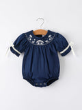 Navy Blue Nativity Smocking Embroidered Baby Girls Christmas Romper