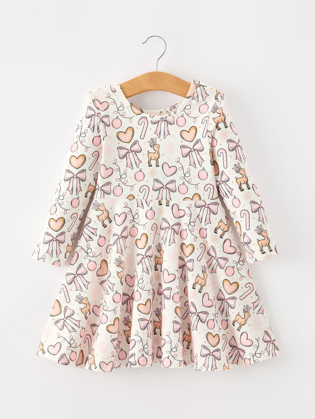 Pink Bow Reindeer Candy Cane Girls Twirl Dress