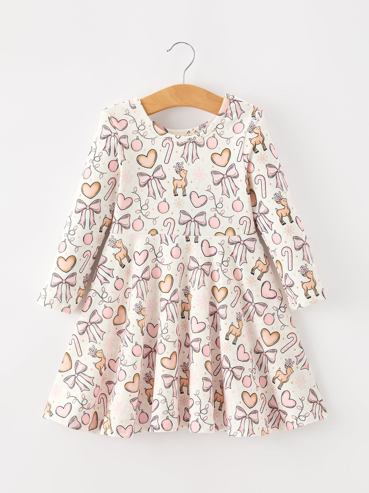 Pink Bow Reindeer Candy Cane Girls Twirl Dress