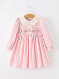 Fall Pink Smocked Girls Corduroy Dress Peter Pan Collar Long Sleeve Floral Detail