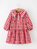Christmas Tree Embroidered Plaid Girls Ruffle Collar Dress