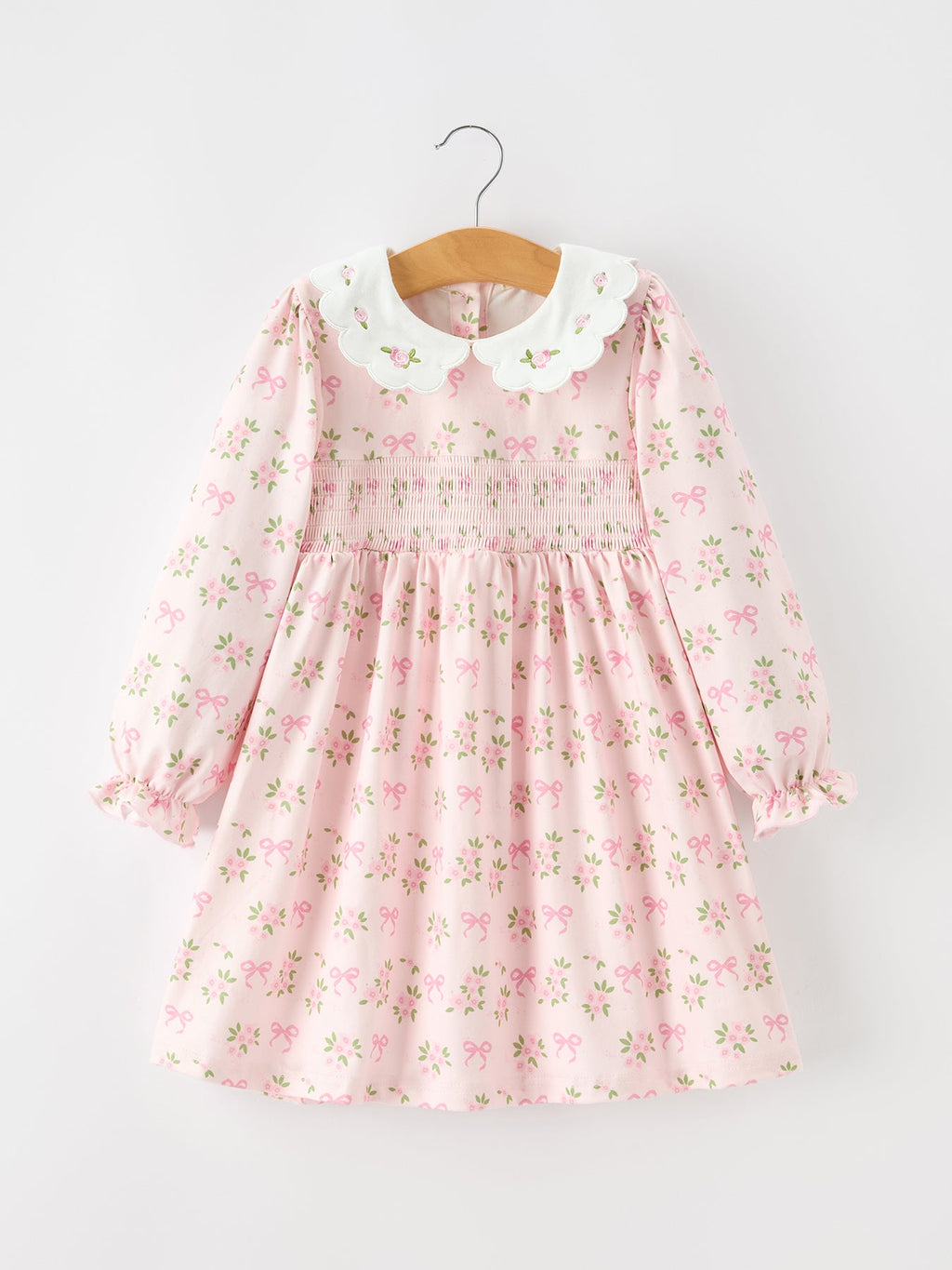 FALL Girls Pink Floral Embroidered Collar Smocked Dress