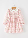 FALL Girls Pink Floral Embroidered Collar Smocked Dress