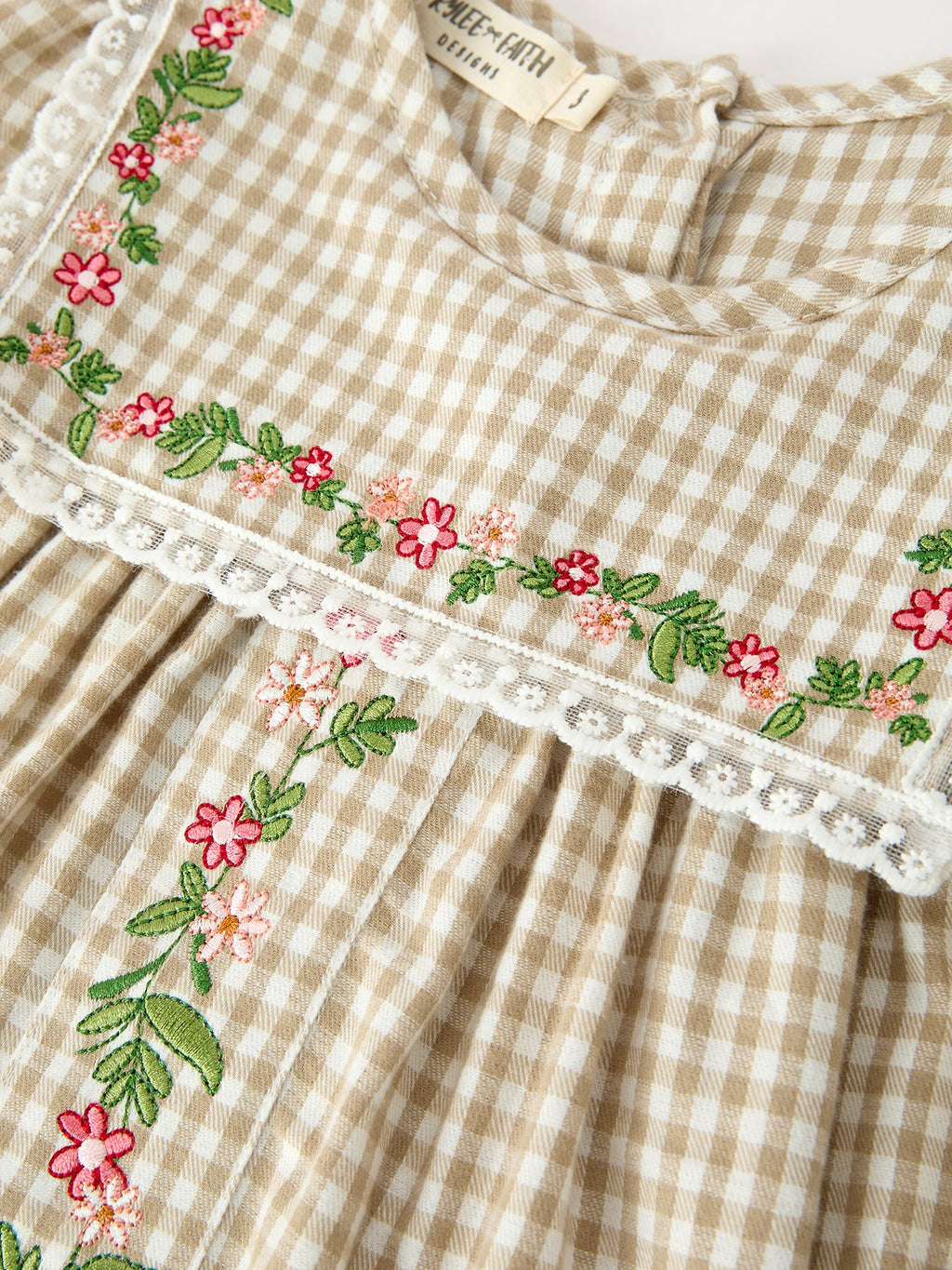 Fall Girls Khaki Plaid Floral Embroidered Dress