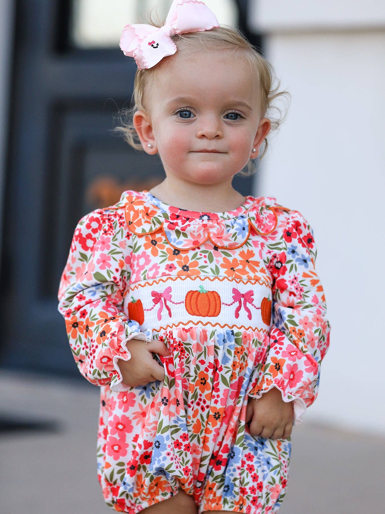 Fall Halloween & Thanksgiving Pumpkin Bow Smock Embroidered Floral Baby Girl Romper