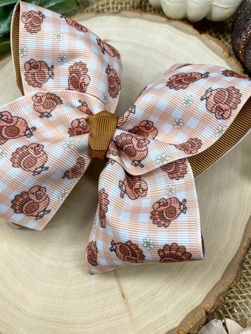 Turkey Print Gingham Bow | Thanksgiving Hair Bow | Clip or Headband
