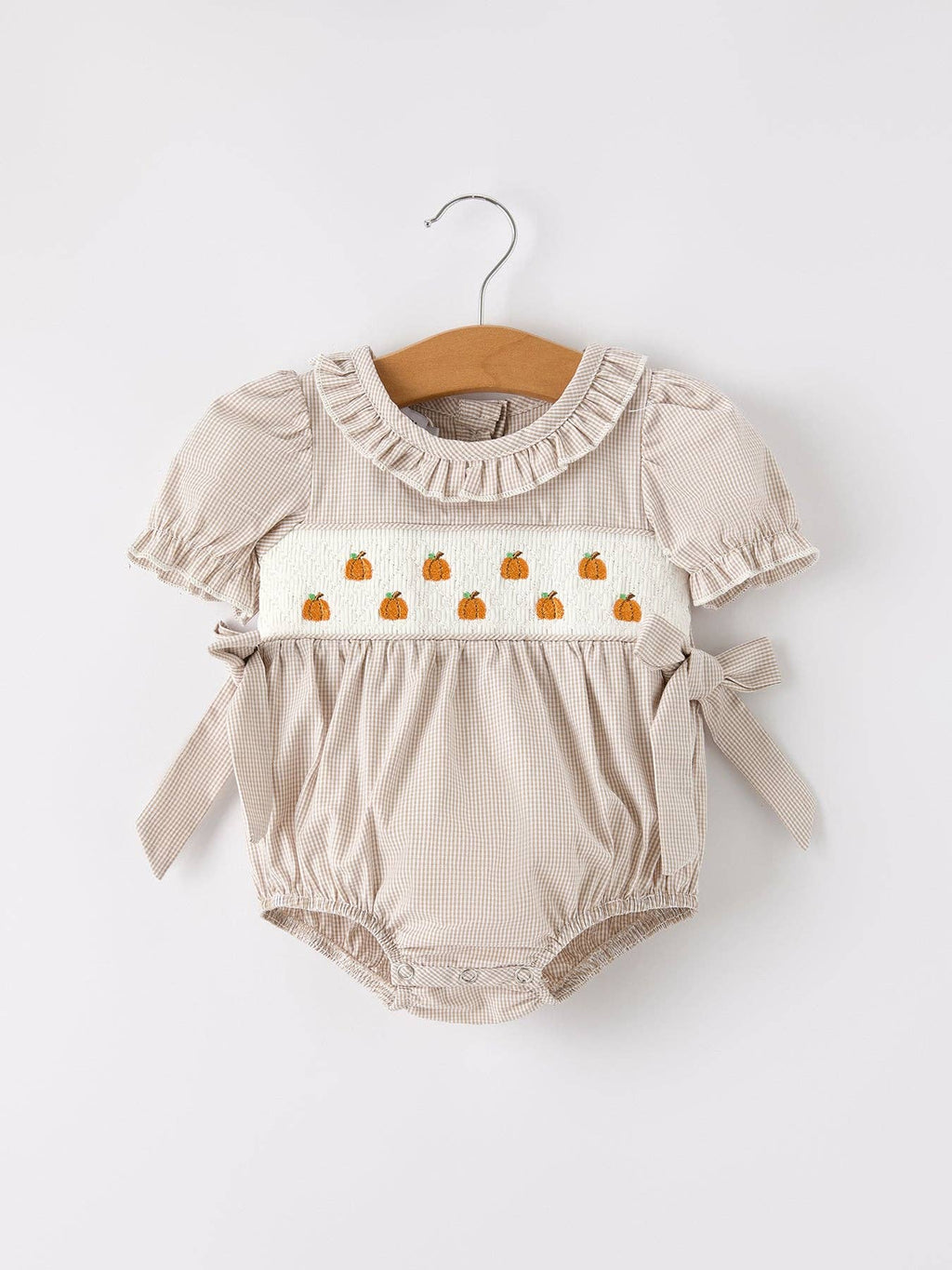 Fall Halloween & Thanksgiving Pumpkin Embroidery Smock Plaid Baby Girl Romper