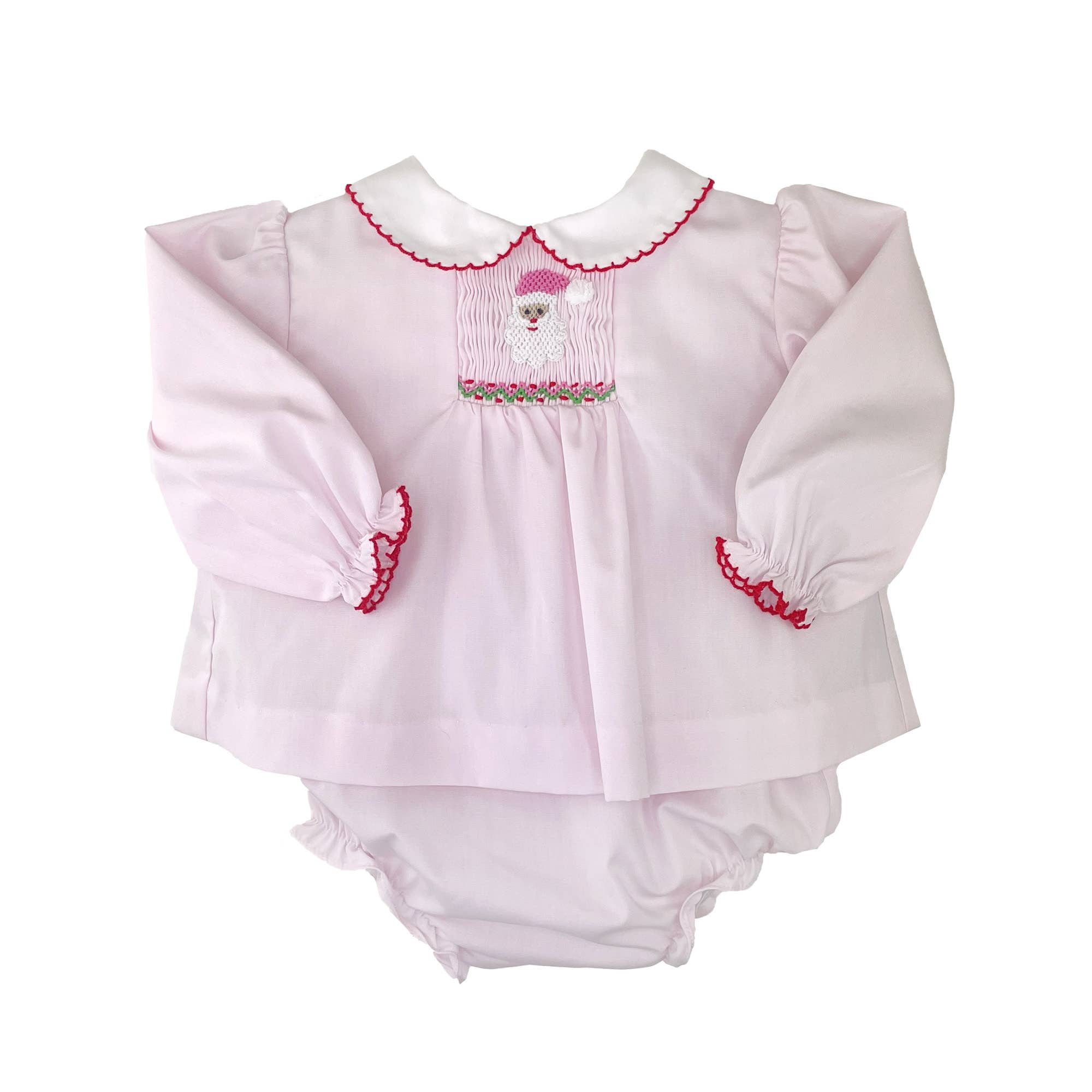Diaper Set with Hand Picture Smocked Santa with Picot Trim