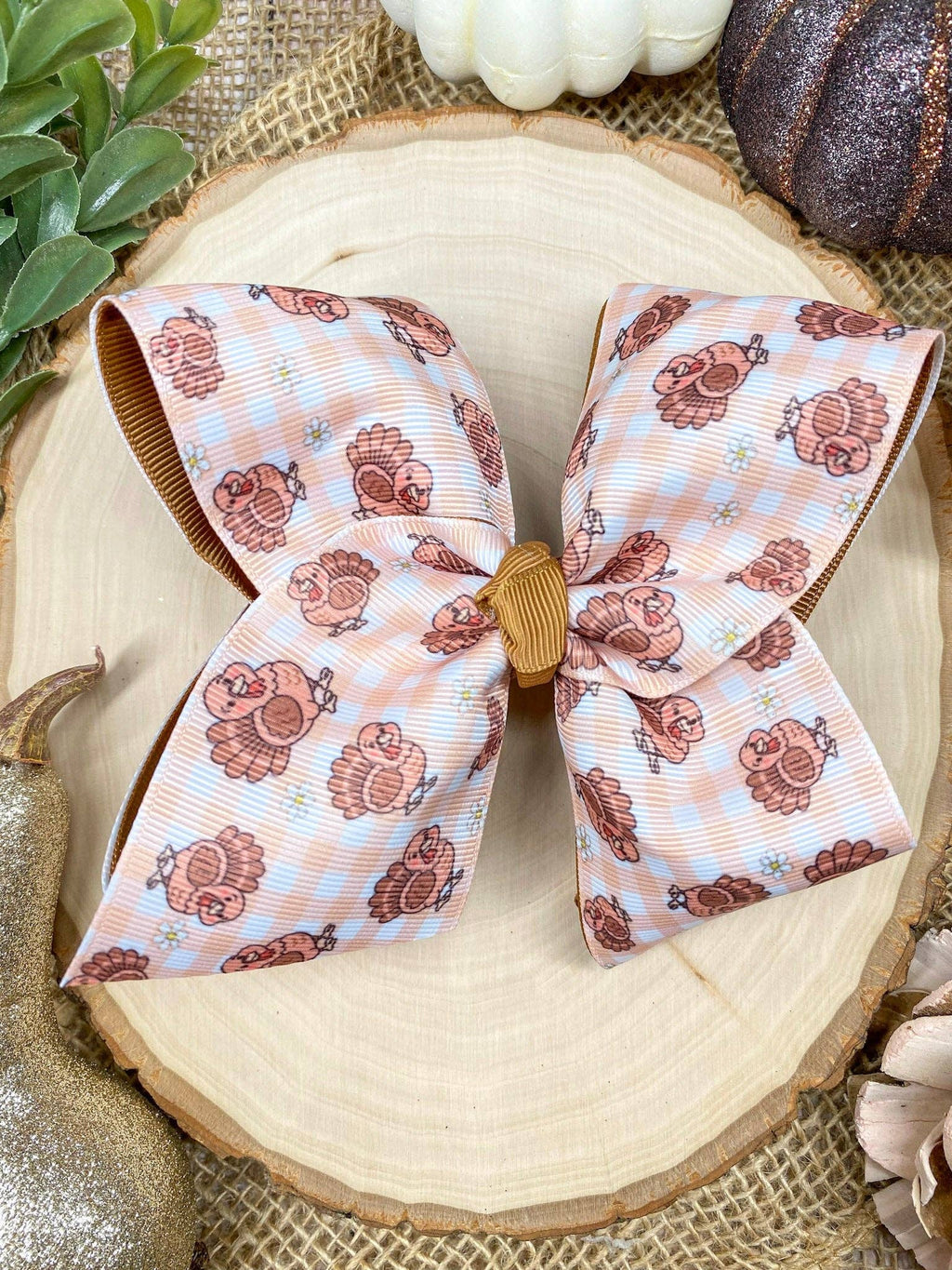 Turkey Print Gingham Bow | Thanksgiving Hair Bow | Clip or Headband