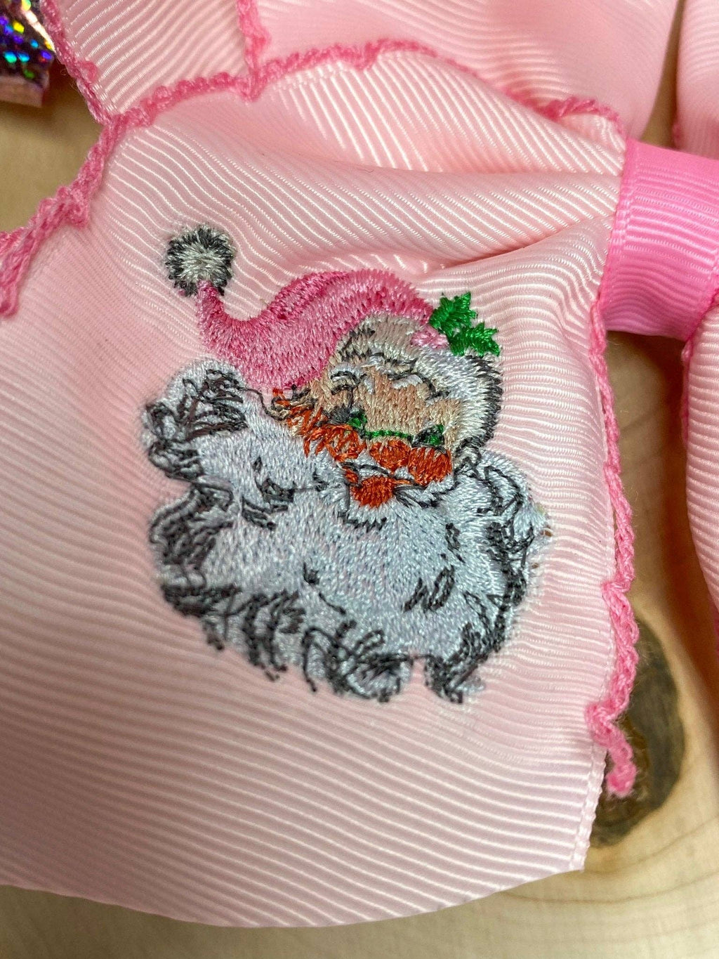 Pink Santa Embroidered Hair Bow | Clip or Headband