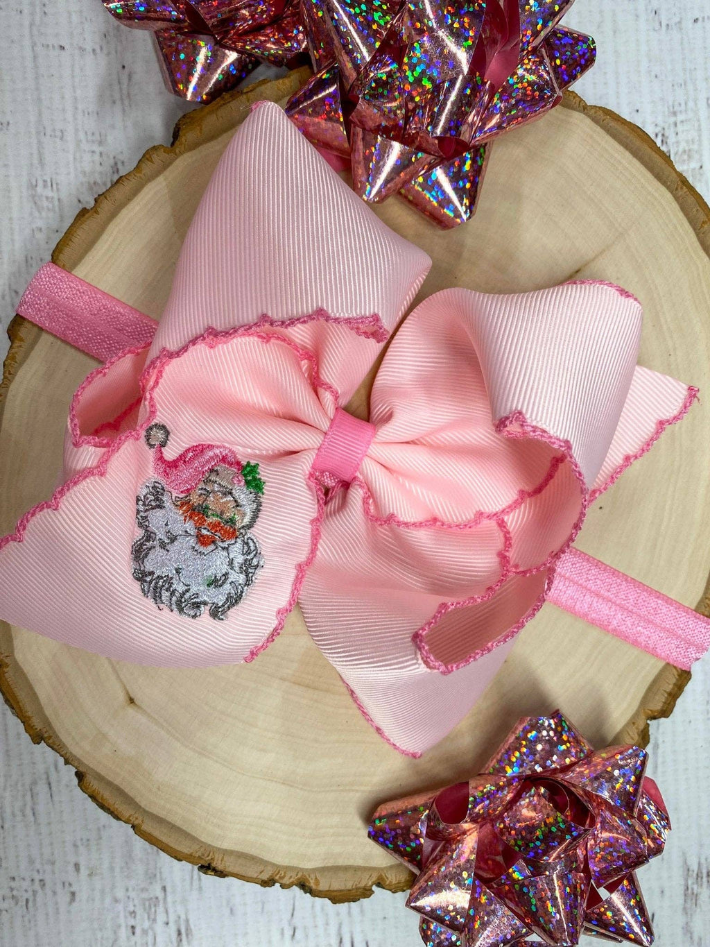 Pink Santa Embroidered Hair Bow | Clip or Headband