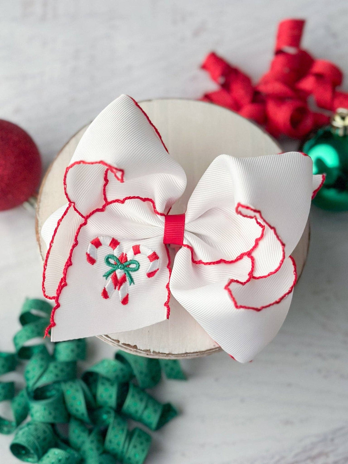Candy Cane Embroidered Hair Bow | Clip or Headband