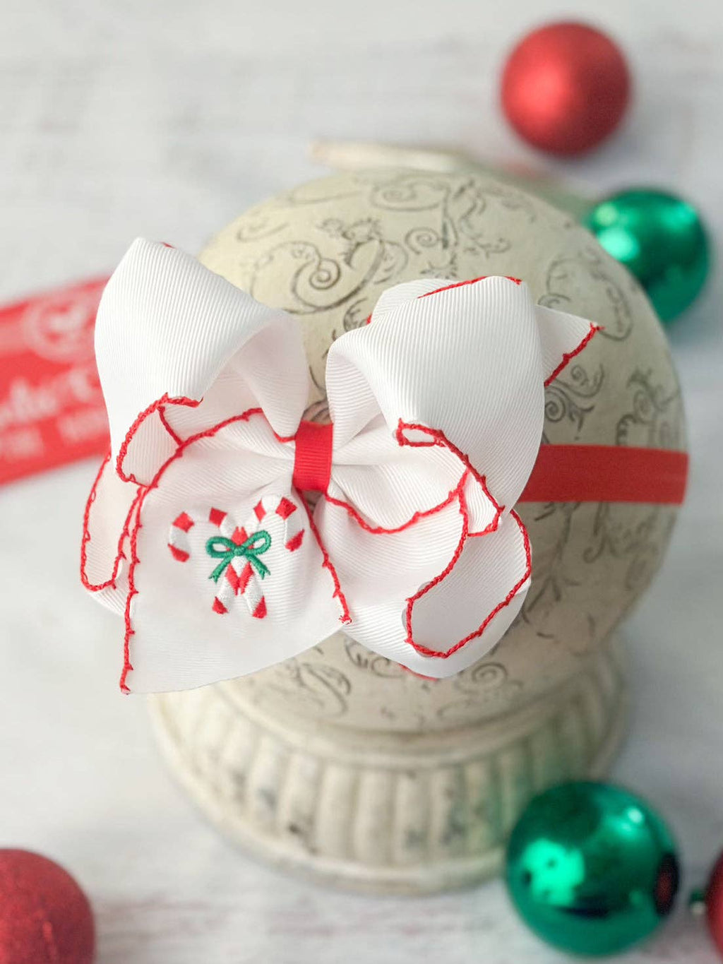 Candy Cane Embroidered Hair Bow | Clip or Headband