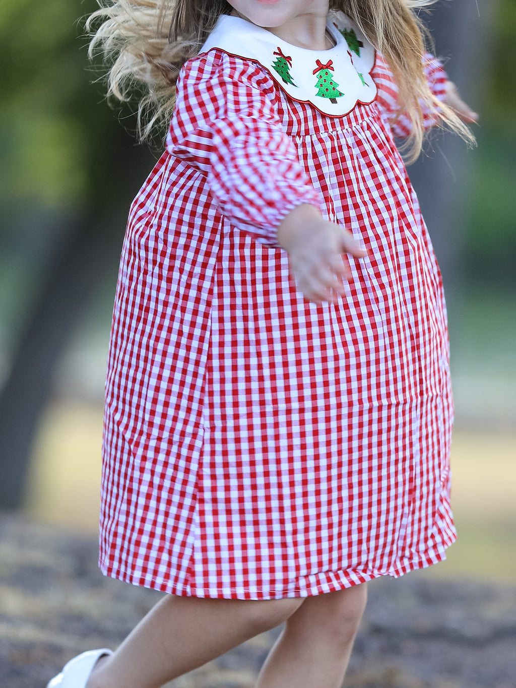 Christmas Embroidered Christmas Tree Plaid Girls Dress