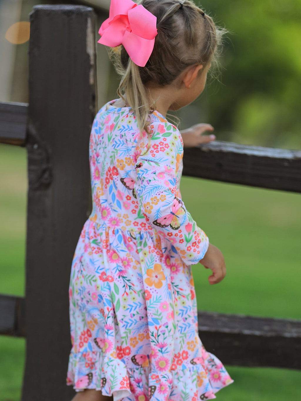 PREORDER Fall Butterfly Floral Print Girls Ruffle Hem Twirl Dress