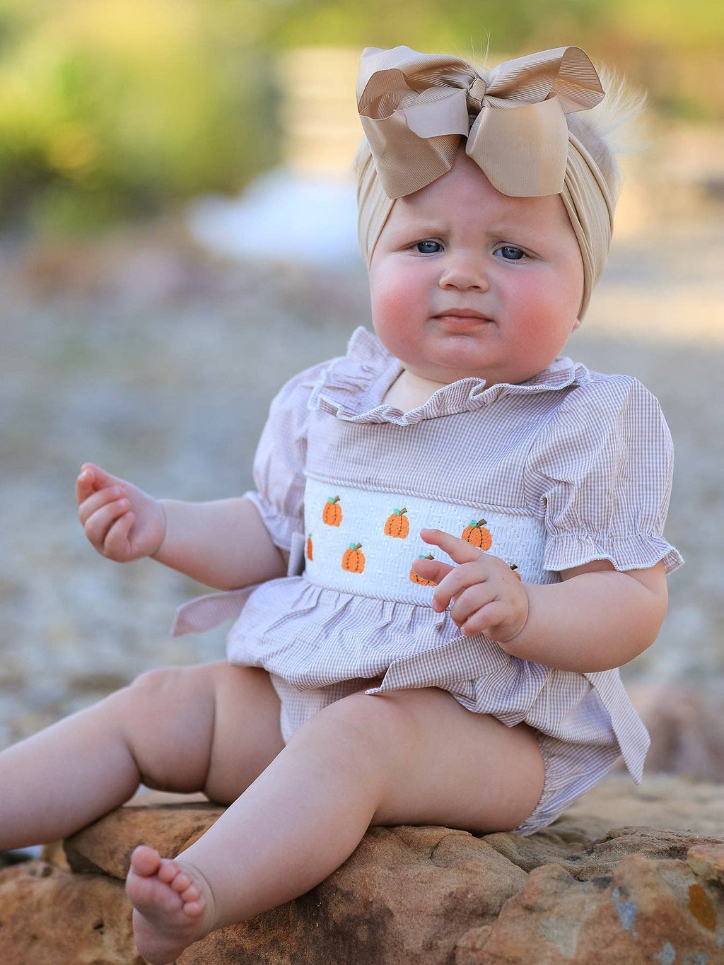 Fall Halloween & Thanksgiving Pumpkin Embroidery Smock Plaid Baby Girl Romper