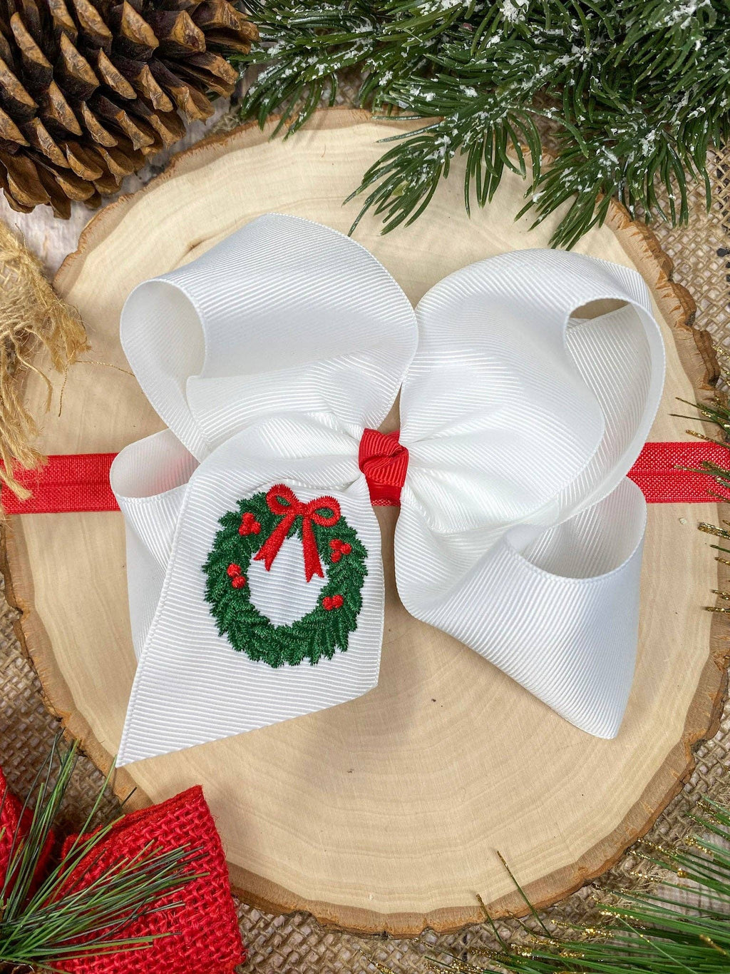 Wreath Embroidered Hair Bow | Christmas Hair Bow | Clip or Headband