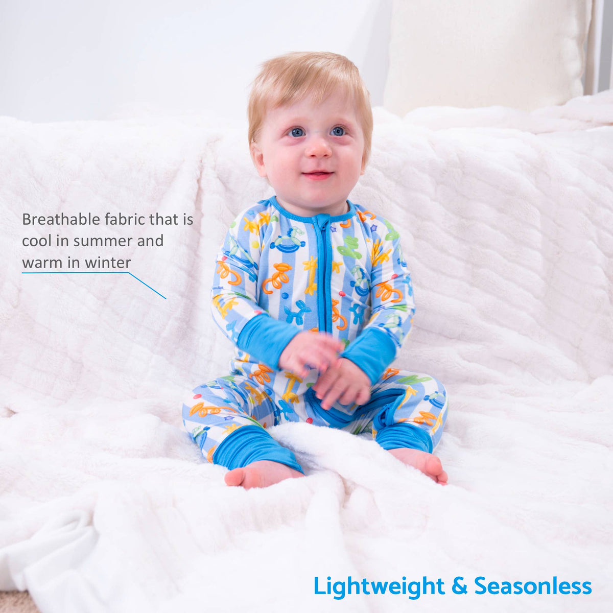 Bamboo Baby Convertible Zipper Pajama Blue Balloon Animal
