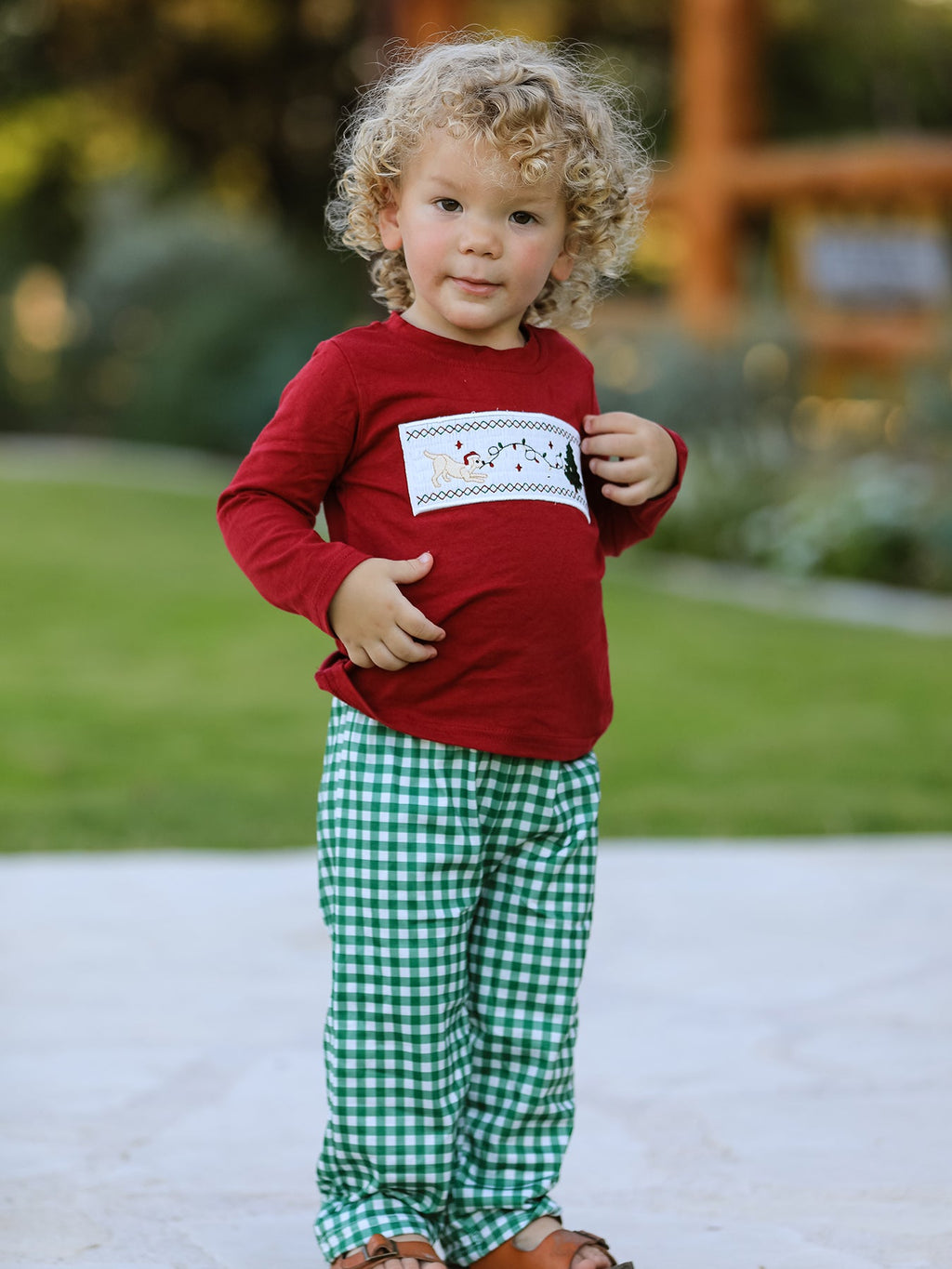 Christmas Tree Dog Smocking Embroidered  Plaid Boys Set