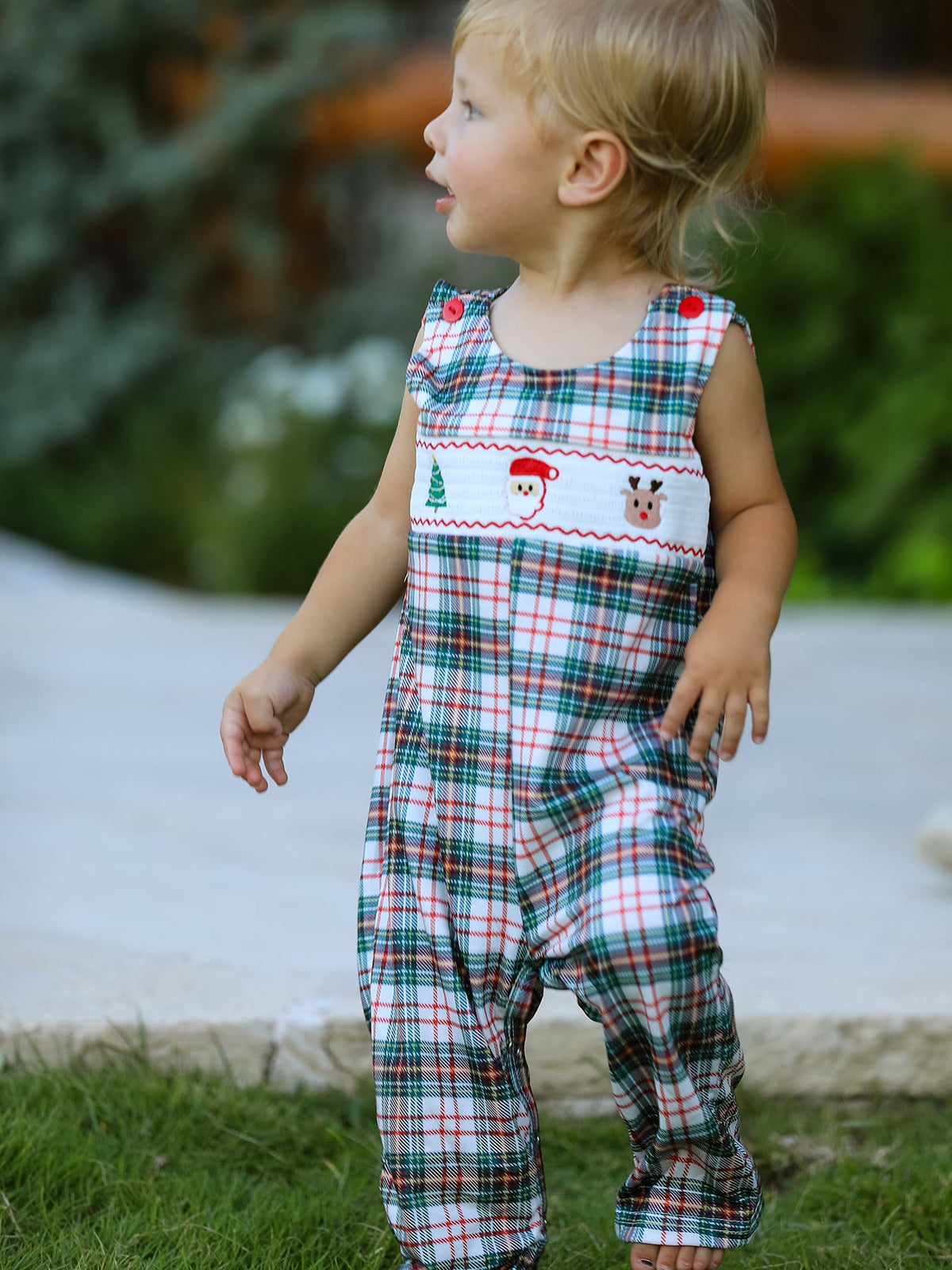 Christmas Jonjon Plaid Smocking Embroidered Boys Romper